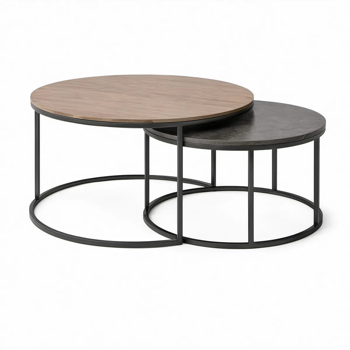 Sada 2 kulatých stolků z MDF a oceli, dubová/černá, Ø 80 × 45 cm a Ø 60 × 35 cm