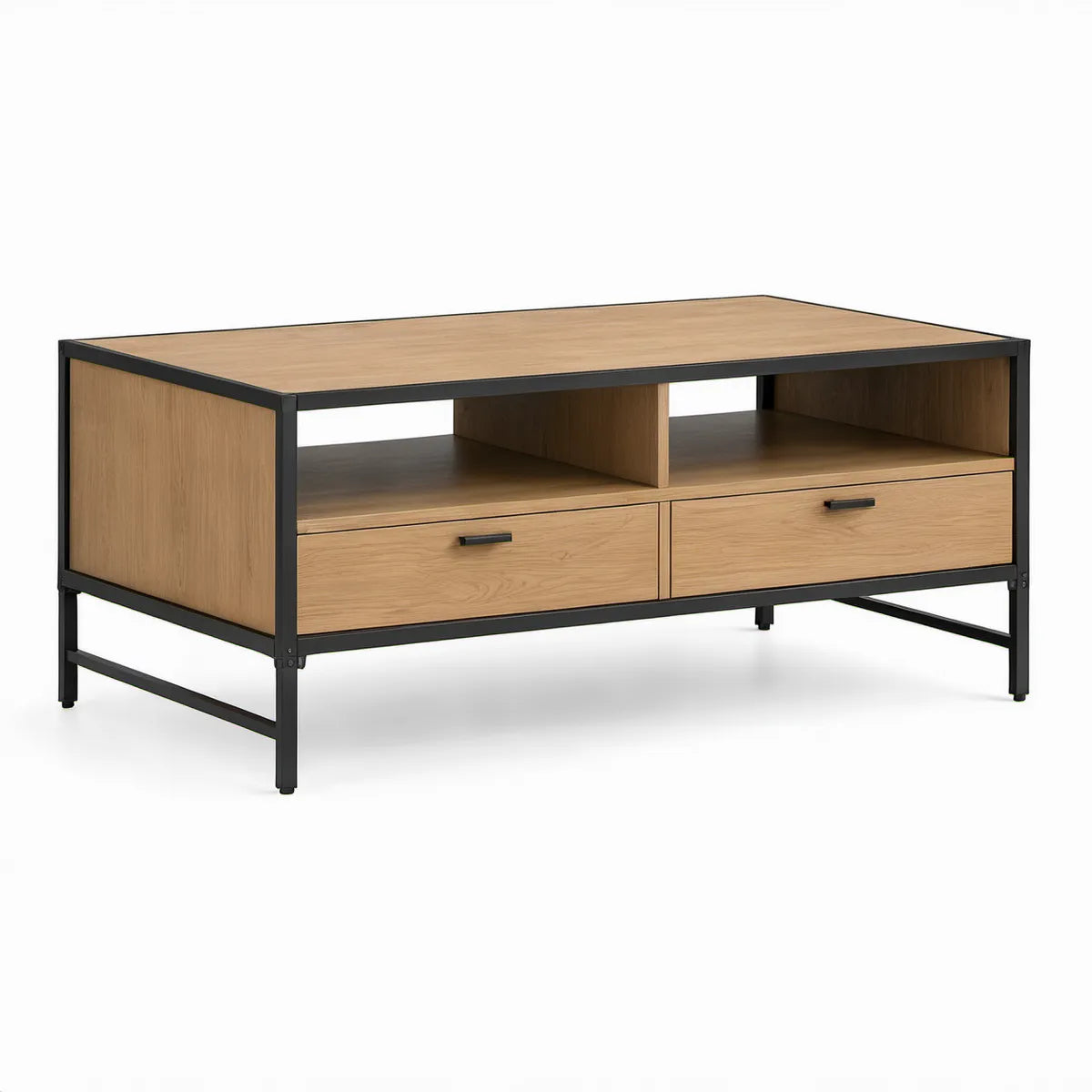 Obdélníkový konferenční stolek se 2 zásuvkami a otevřeným úložným prostorem, 120 × 60 × 50 cm, dubový/černý
