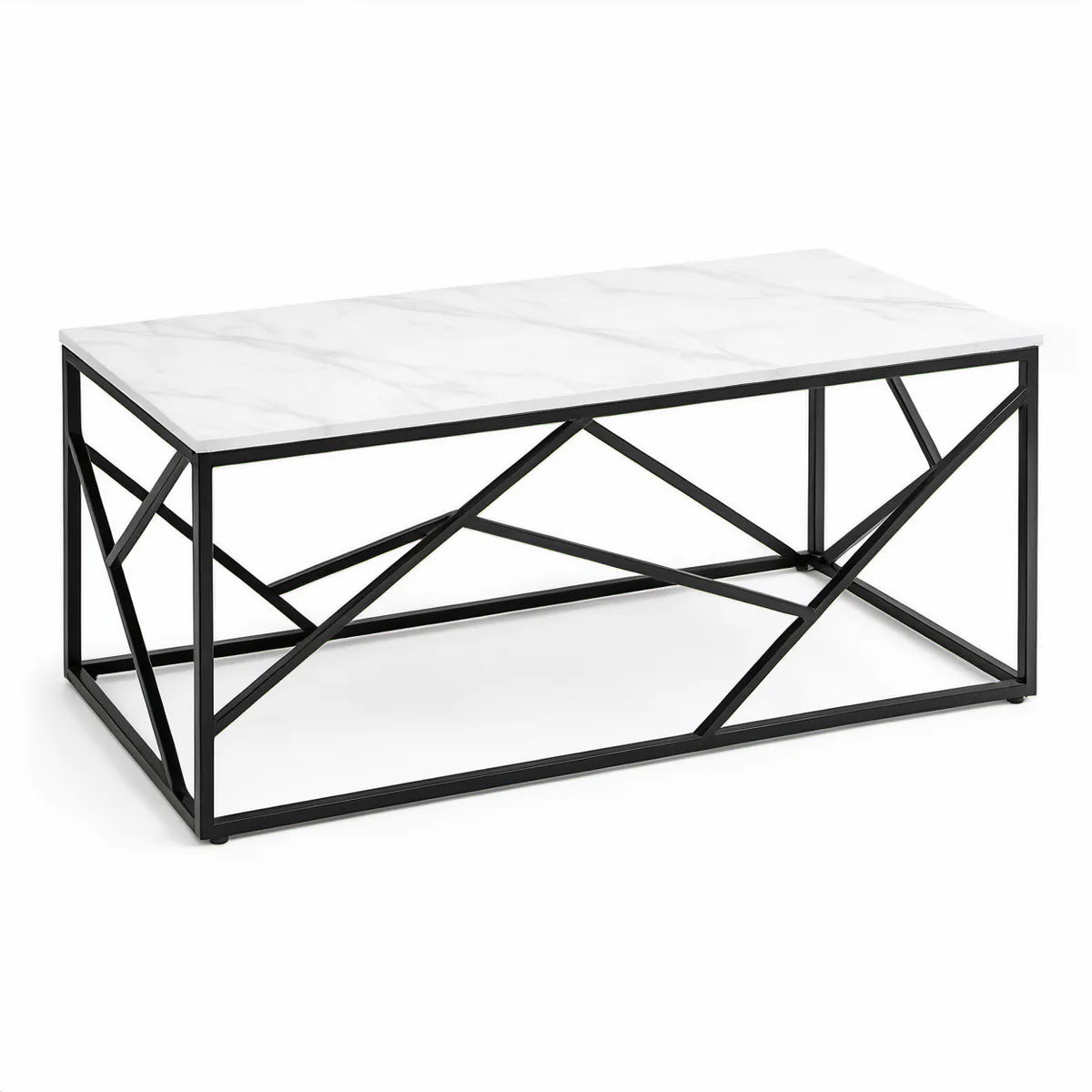 Obdélníkový konferenční stolek 100 × 50 × 45 cm s deskou v bílém mramorovém dekoru a černým ocelovým rámem