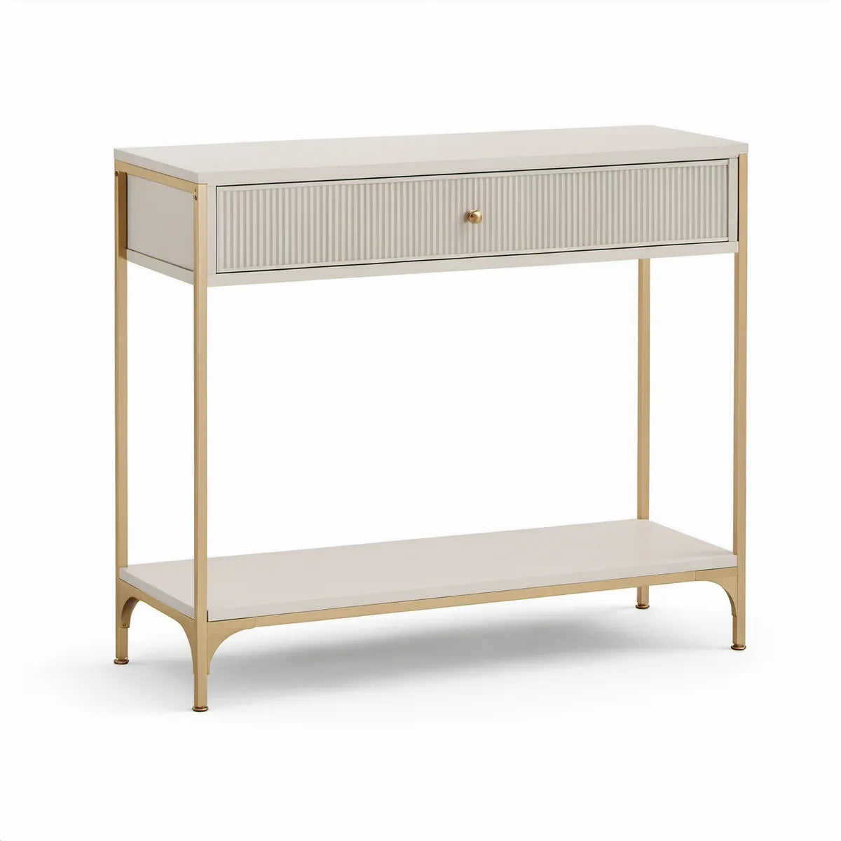 Bílý a zlatý stolek se zásuvkou z MDF a oceli, 100 × 80 × 35 cm
