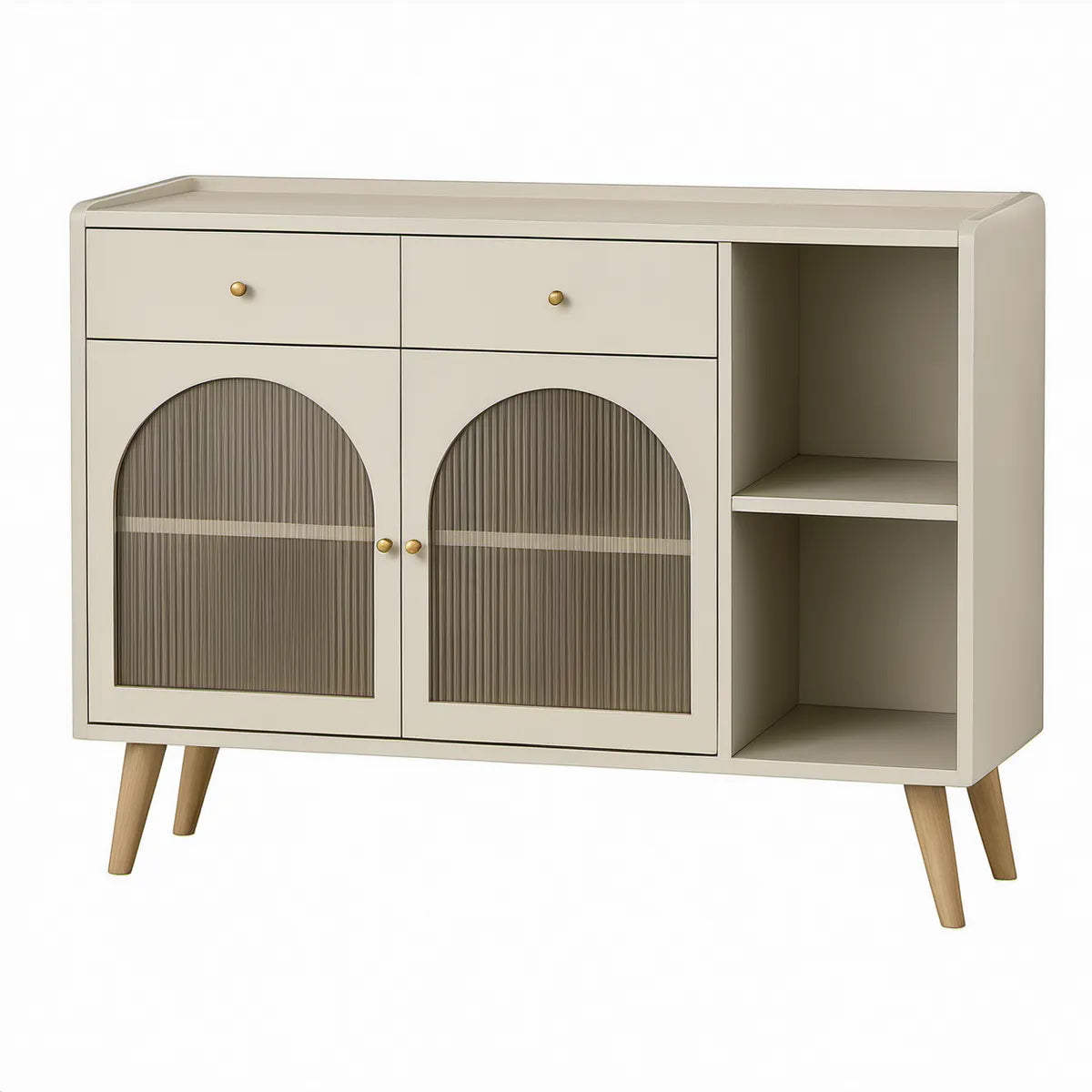 Krémová skříňka z MDF se skleněnými dvířky, 120 × 40 × 80 cm